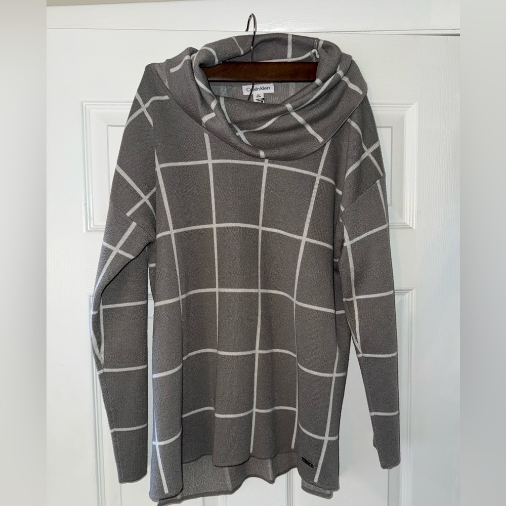 Calvin Klein Gray Windowpane Cowl Neck Sweater Size M